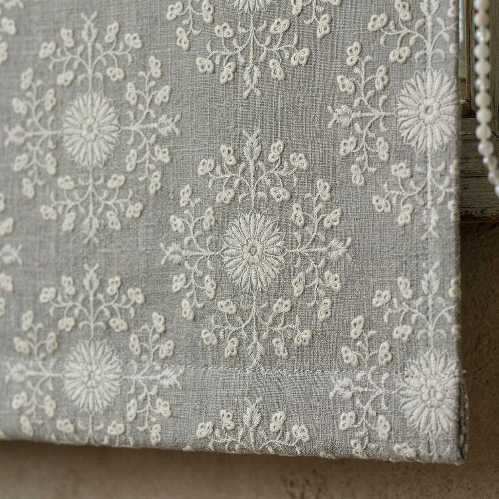 Slate Gray Linen Roman Shade, Ivory Embroidered Floral Damask Blind, Custom Blackout Corded Window Treatment — image 1