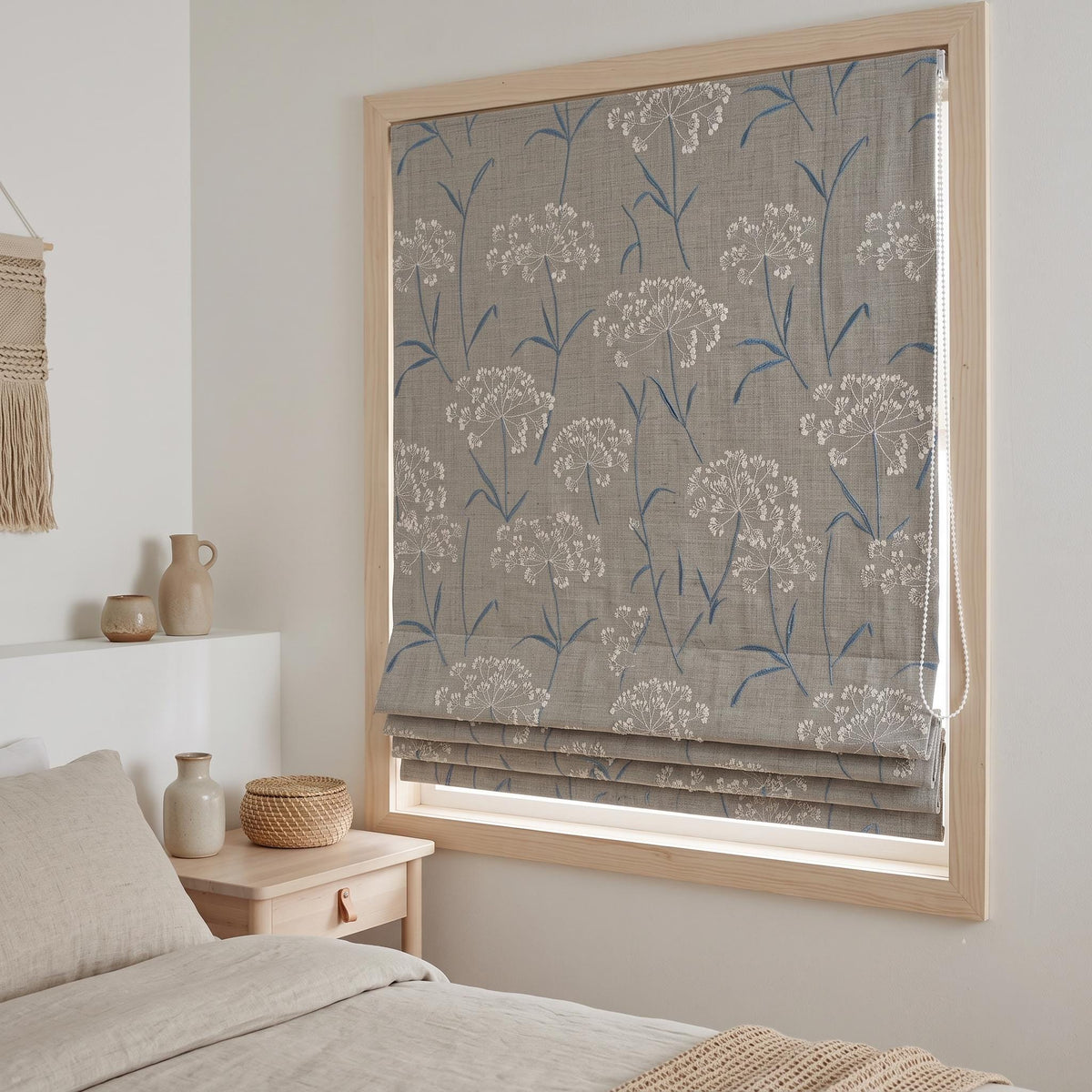 Gray Blue Pure Linen Roman Shade, White Queen Anne Lace Embroidered Custom Corded Roman Blind, Blackout or Cotton Lined Window Shade — image 5