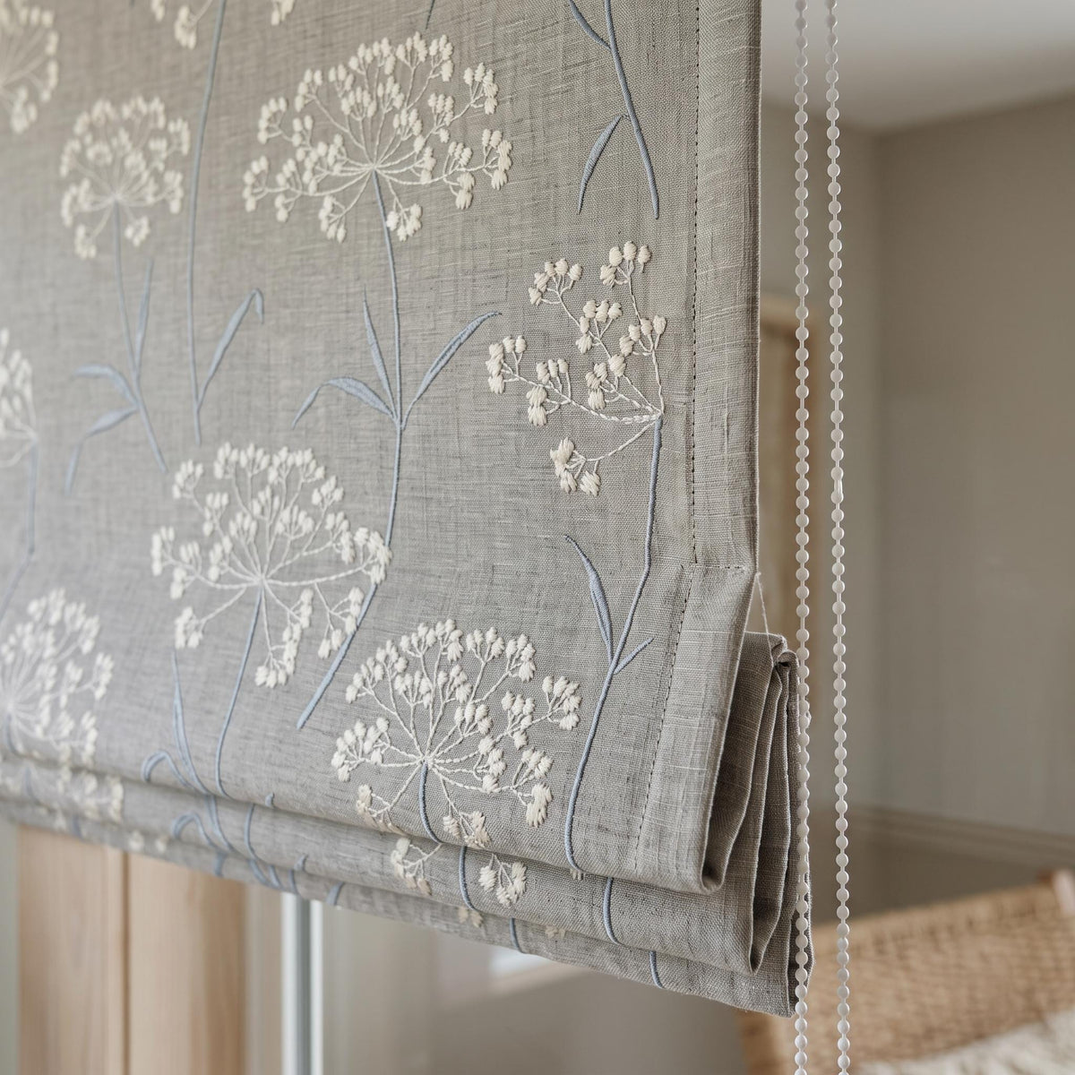 Gray Blue Pure Linen Roman Shade, White Queen Anne Lace Embroidered Custom Corded Roman Blind, Blackout or Cotton Lined Window Shade — image 7