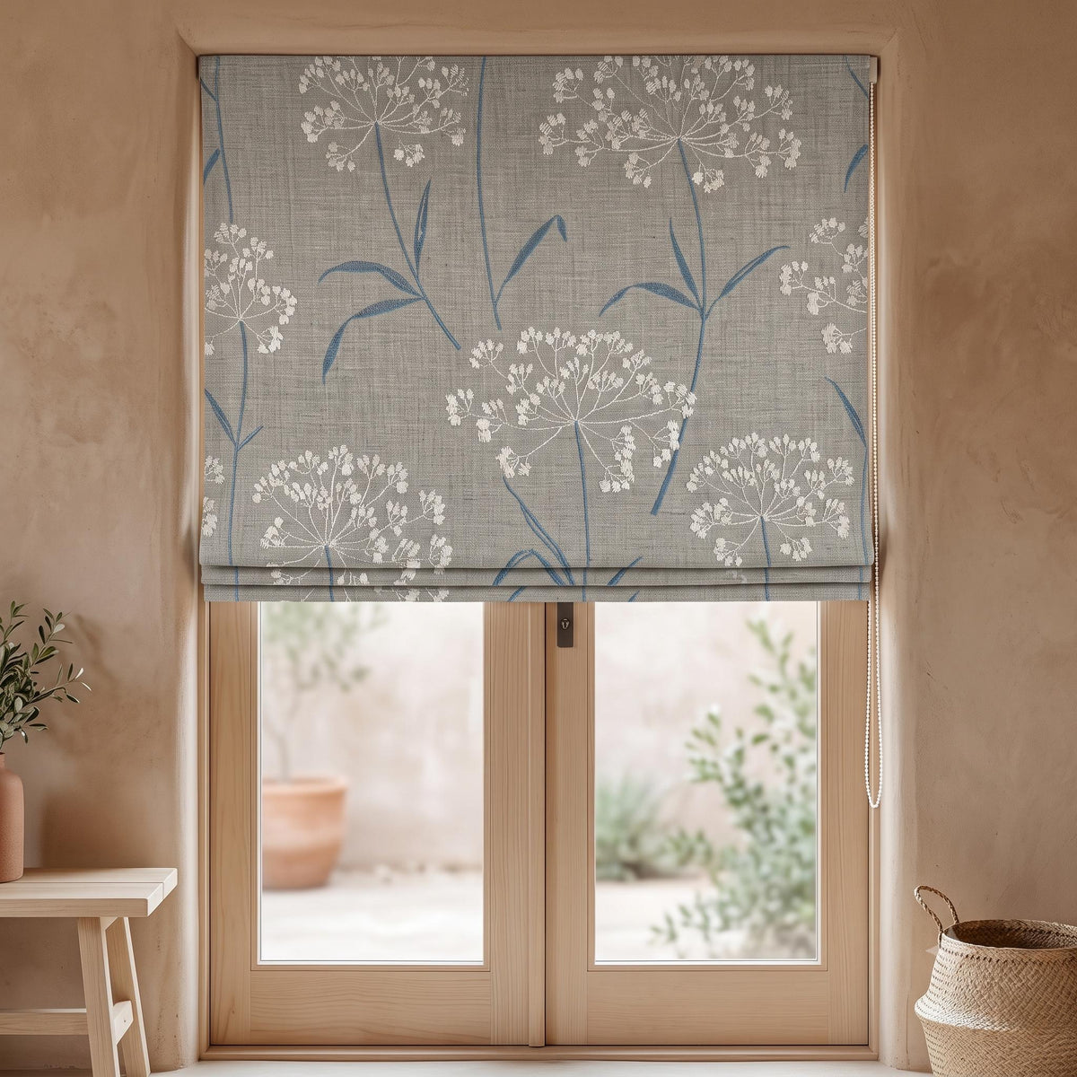 Gray Blue Pure Linen Roman Shade, White Queen Anne Lace Embroidered Custom Corded Roman Blind, Blackout or Cotton Lined Window Shade — image 10