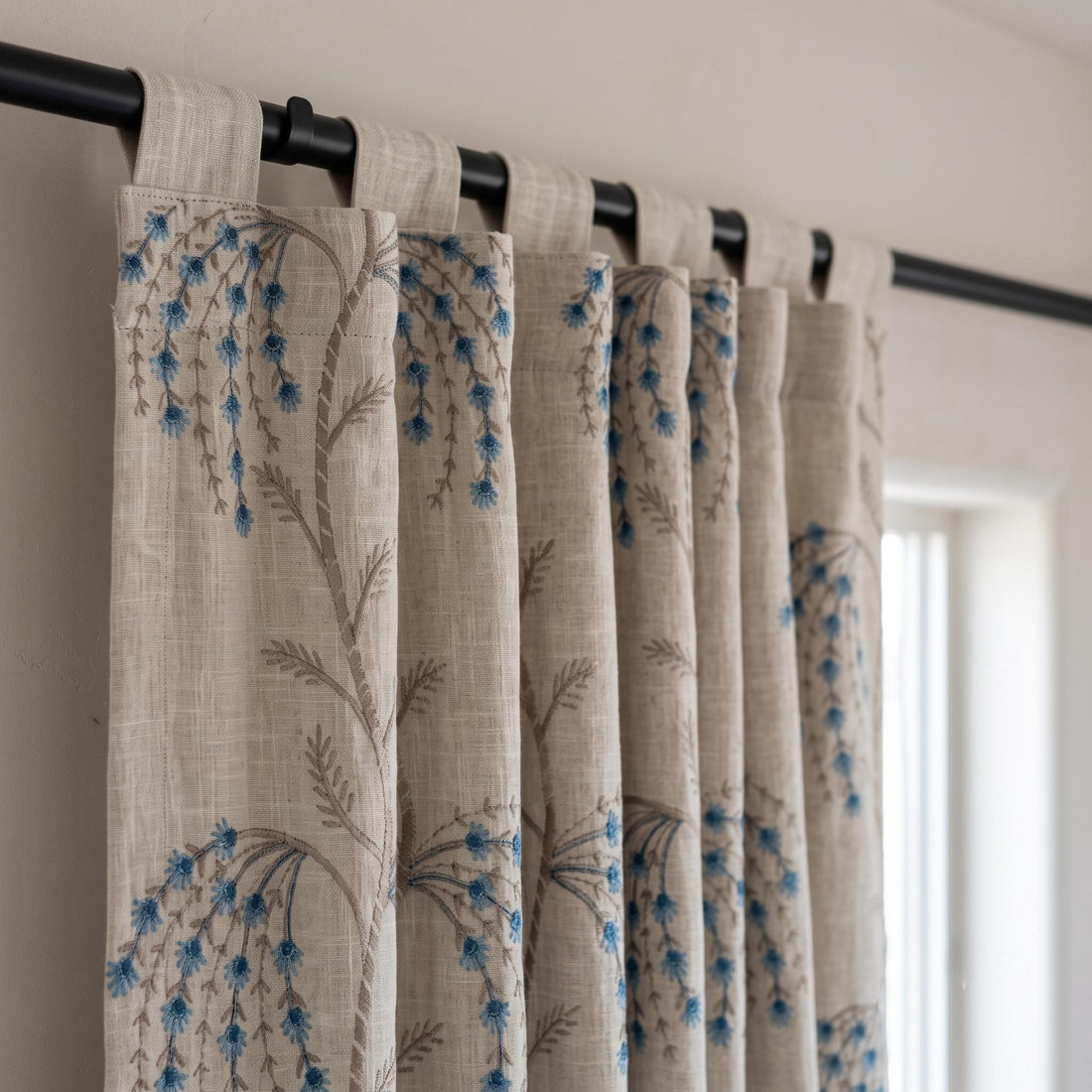 Cream Blue Taupe Embroidered Linen Curtains, Botanical Floral Blackout Drapes, Custom Cottage Curtain Panels, Heavy Linen — image 1