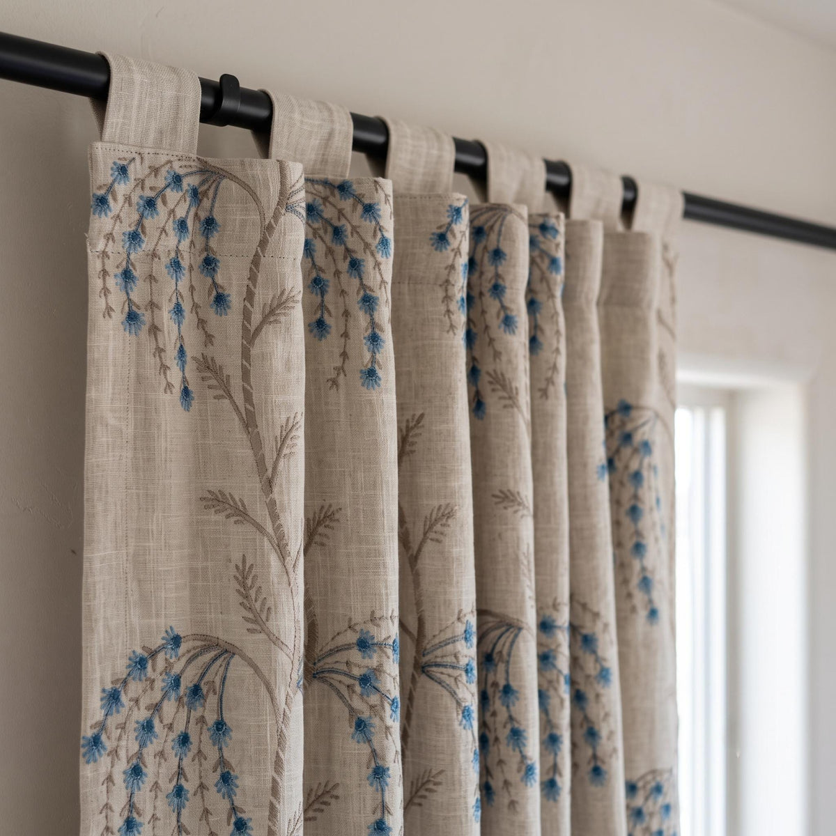 Cream Blue Taupe Embroidered Linen Curtains, Botanical Floral Blackout Drapes, Custom Cottage Curtain Panels, Heavy Linen — image 2