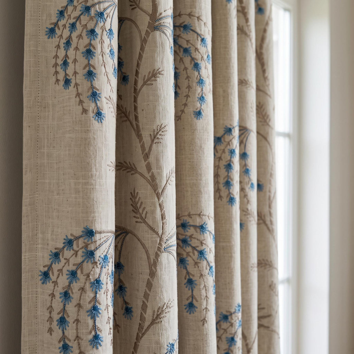 Cream Blue Taupe Embroidered Linen Curtains, Botanical Floral Blackout Drapes, Custom Cottage Curtain Panels, Heavy Linen — image 4