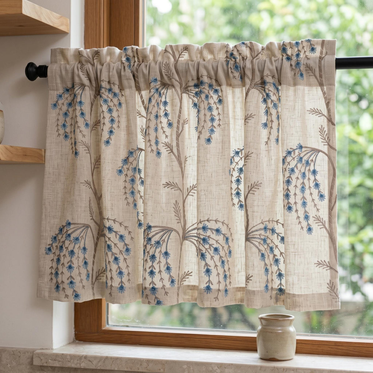 Cream Blue Taupe Embroidered Linen Curtains, Botanical Floral Blackout Drapes, Custom Cottage Curtain Panels, Heavy Linen — image 8