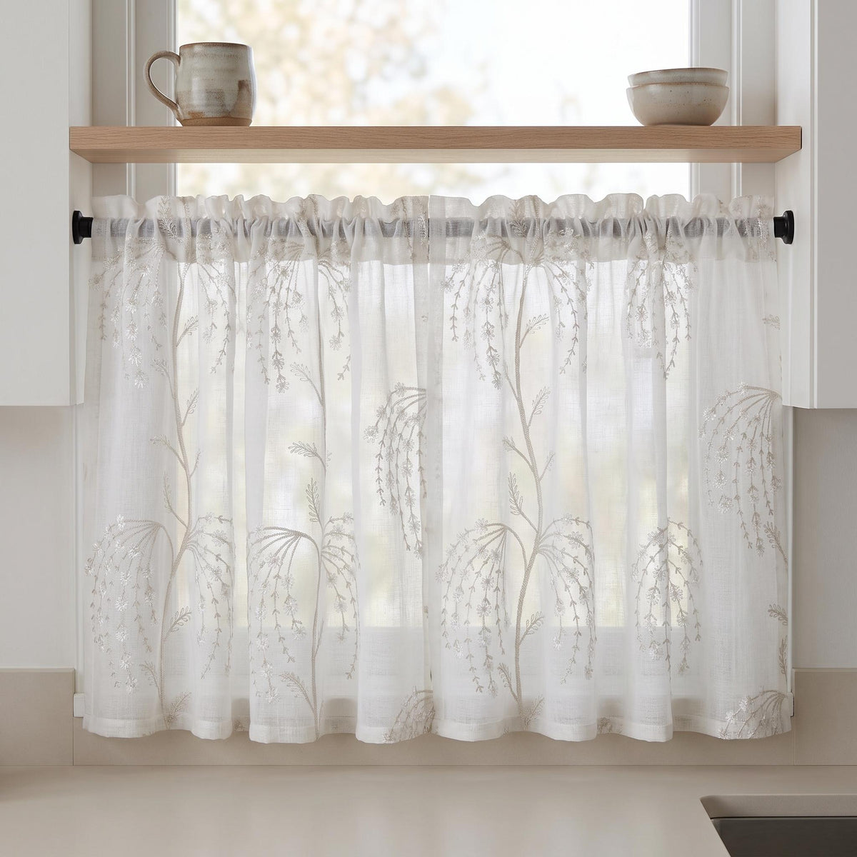 White Pure Linen Sheer Curtains with Beige Daisy Vine Embroidery, Custom Floral Window Panels, Single or Pair — image 6