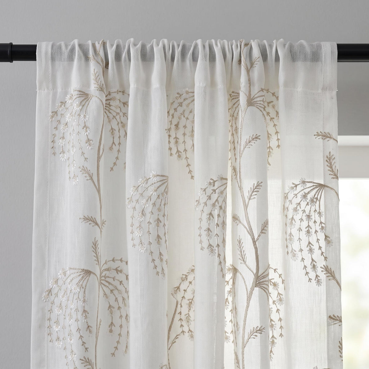 White Pure Linen Sheer Curtains with Beige Daisy Vine Embroidery, Custom Floral Window Panels, Single or Pair — image 7