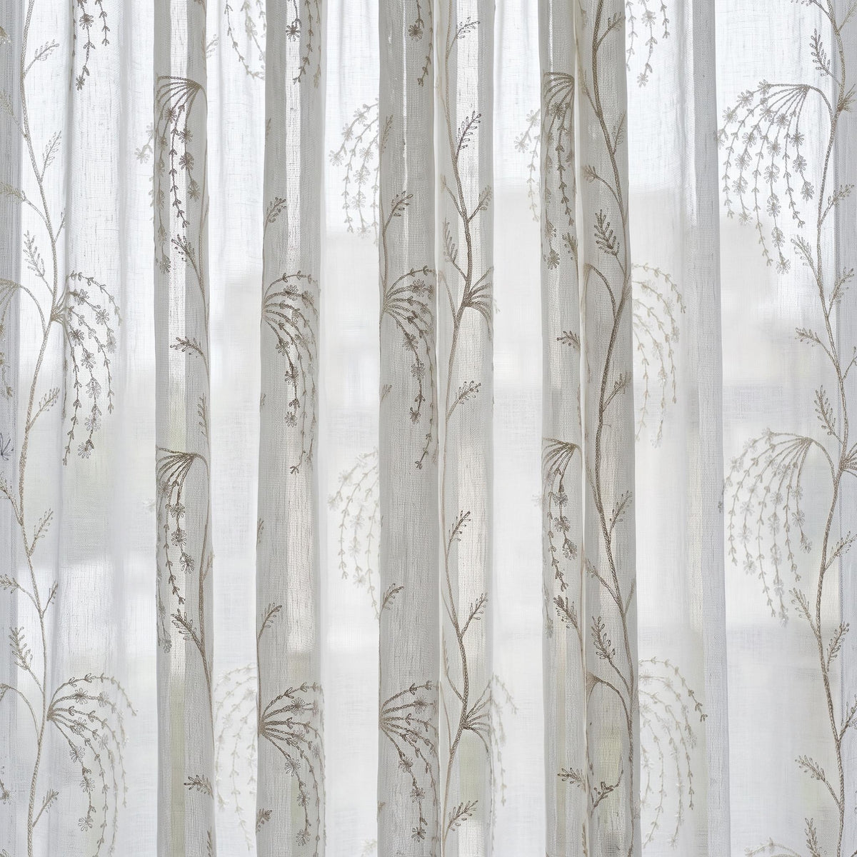 White Pure Linen Sheer Curtains with Beige Daisy Vine Embroidery, Custom Floral Window Panels, Single or Pair — image 4