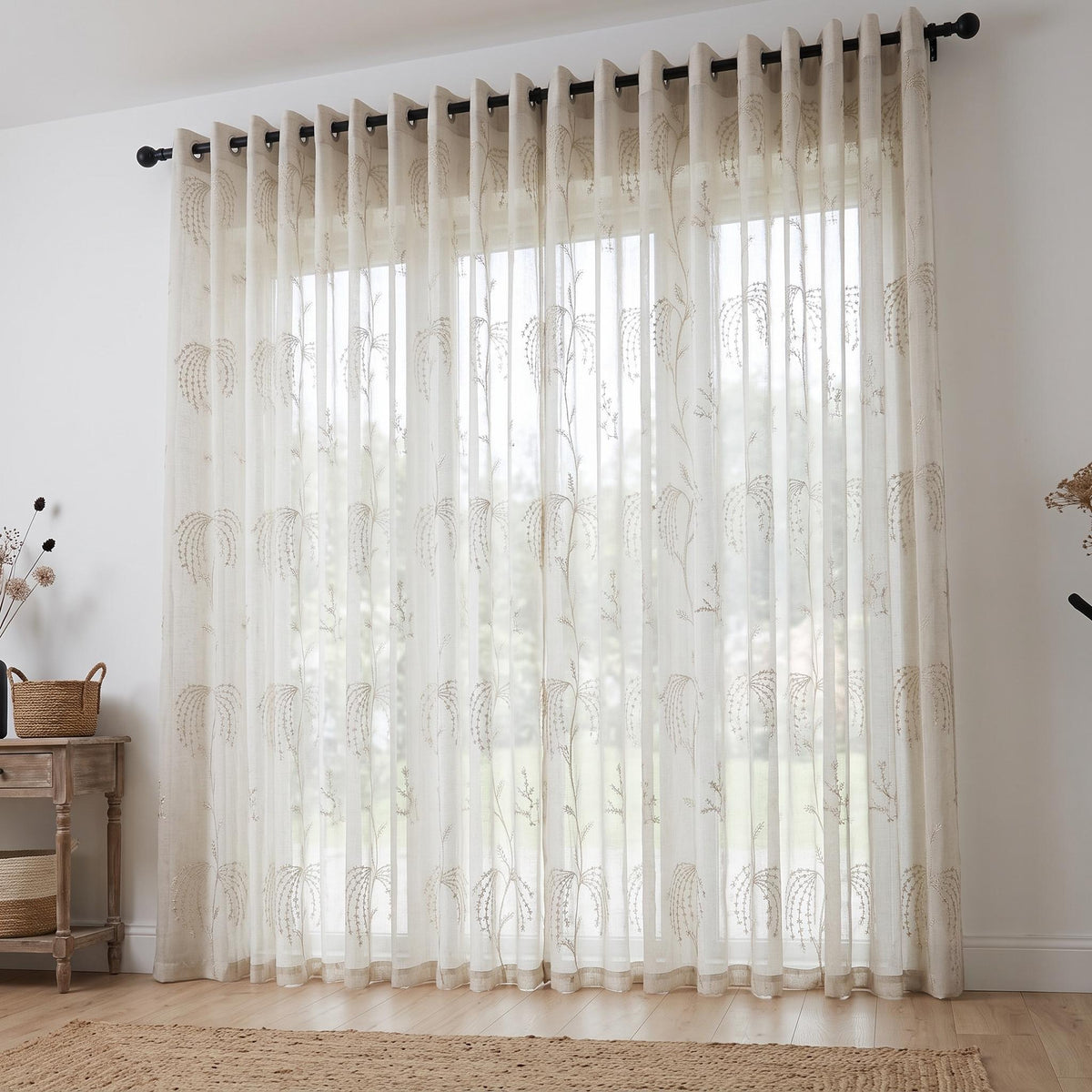 White Pure Linen Sheer Curtains with Beige Daisy Vine Embroidery, Custom Floral Window Panels, Single or Pair — image 10