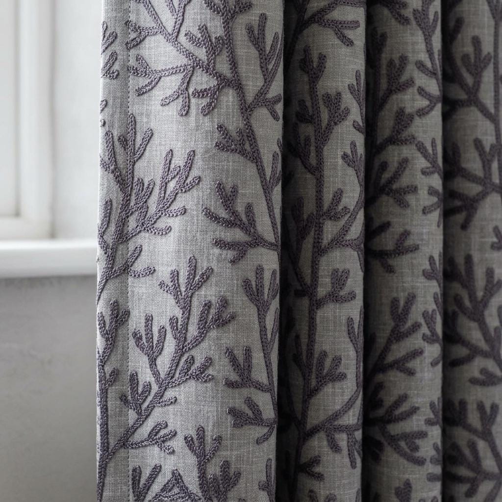 Charcoal Gray Branch Linen Curtains, Natural Beige Embroidered Drapes, Custom Blackout Kitchen Living Room Panels — image 1