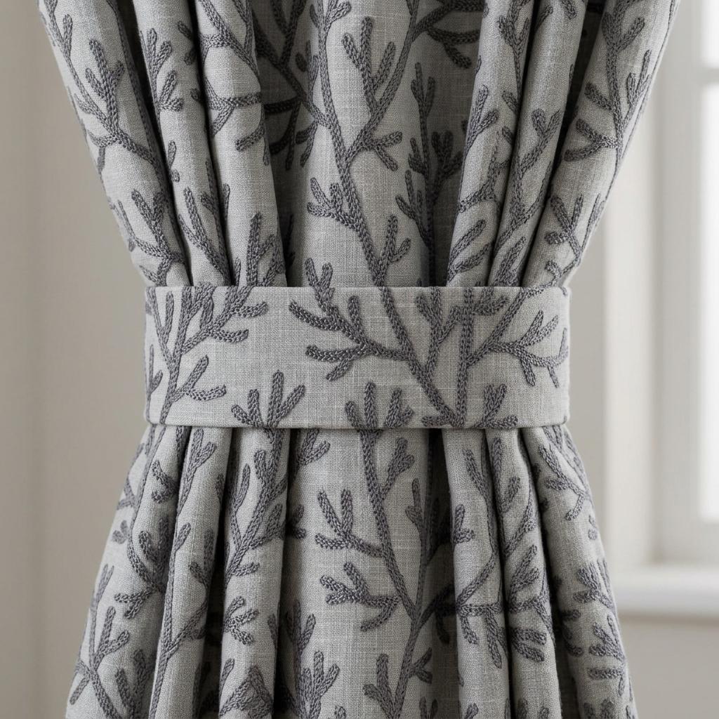 Charcoal Gray Branch Linen Curtains, Natural Beige Embroidered Drapes, Custom Blackout Kitchen Living Room Panels — image 1