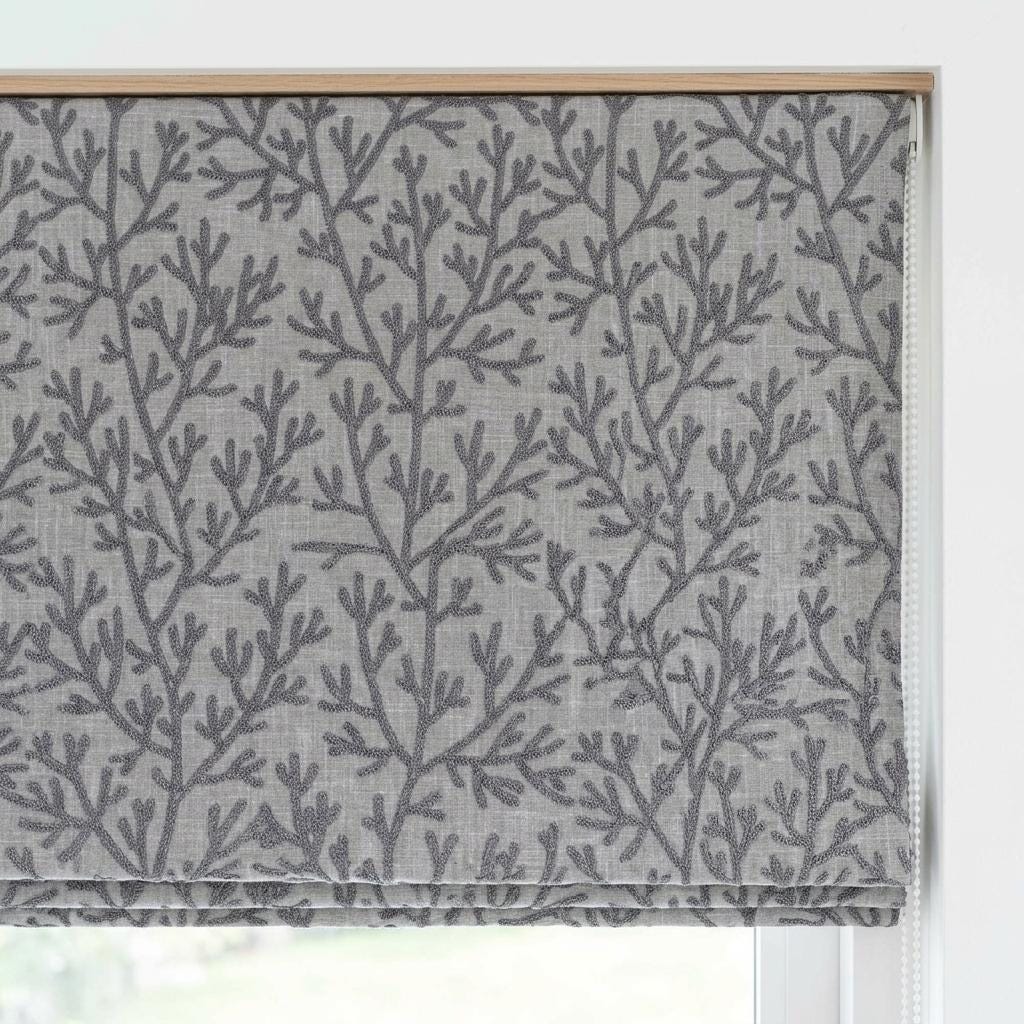 Custom Roman Shades, Light Gray Linen Roman Blind, Charcoal Coral Embroidered Window Treatment, Blackout or Cotton Lined — image 3