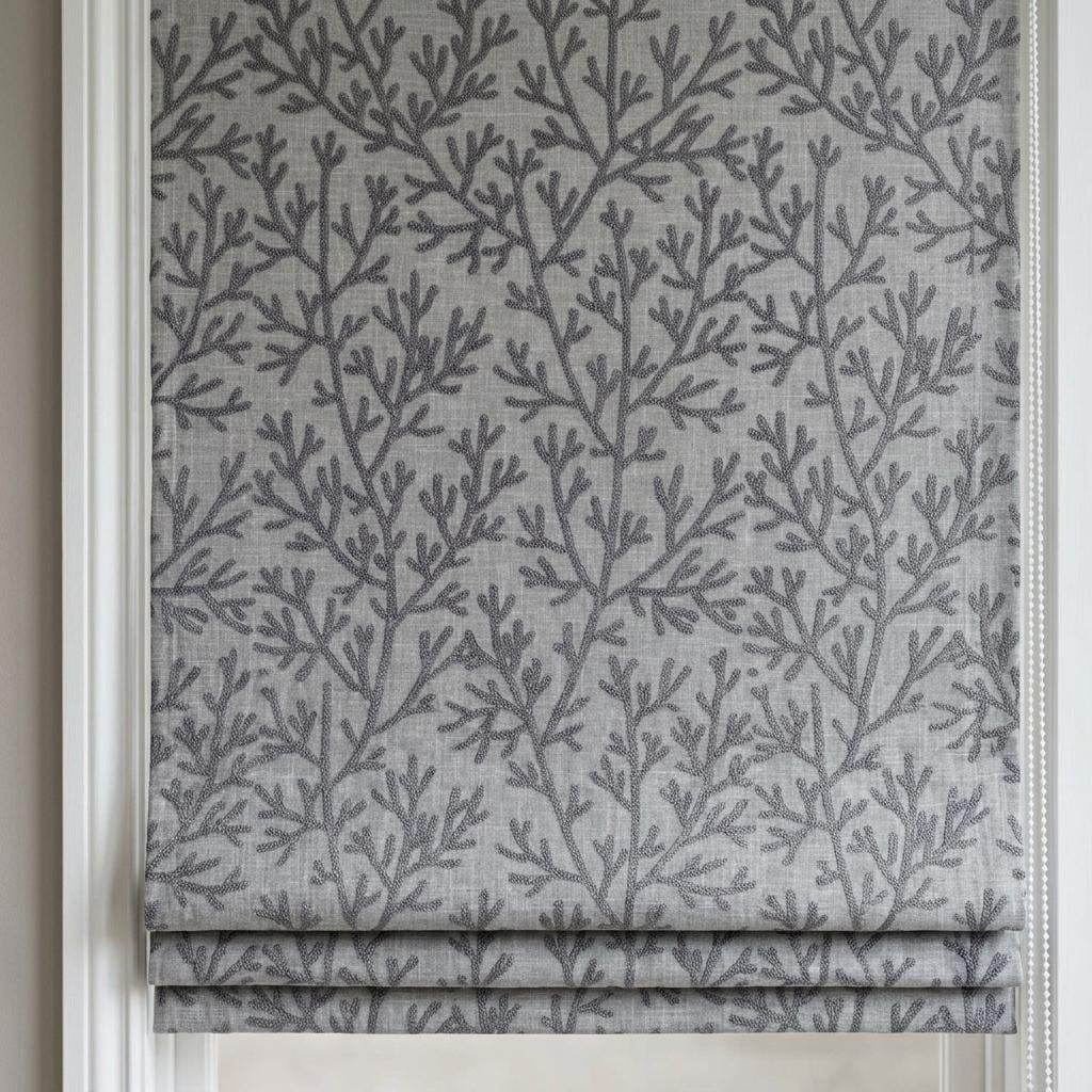 Custom Roman Shades, Light Gray Linen Roman Blind, Charcoal Coral Embroidered Window Treatment, Blackout or Cotton Lined — image 6