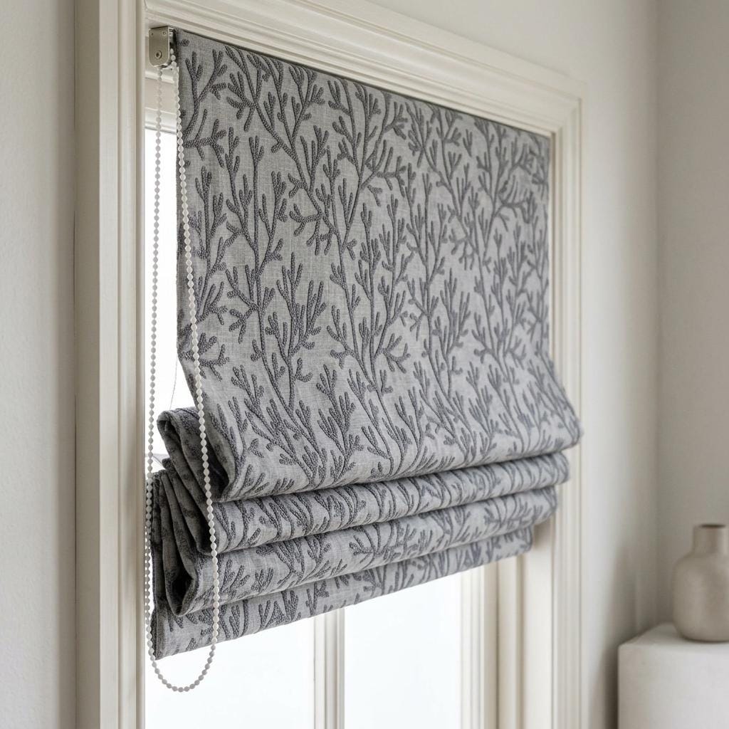 Custom Roman Shades, Light Gray Linen Roman Blind, Charcoal Coral Embroidered Window Treatment, Blackout or Cotton Lined — image 9