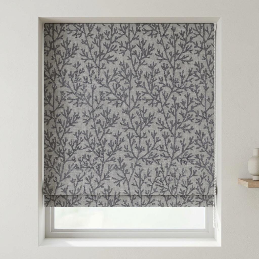Custom Roman Shades, Light Gray Linen Roman Blind, Charcoal Coral Embroidered Window Treatment, Blackout or Cotton Lined — image 1