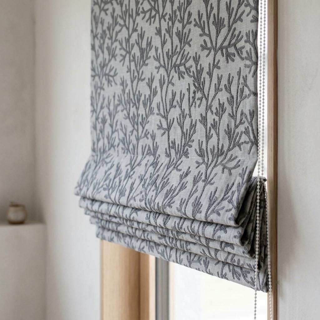 Custom Roman Shades, Light Gray Linen Roman Blind, Charcoal Coral Embroidered Window Treatment, Blackout or Cotton Lined — image 8