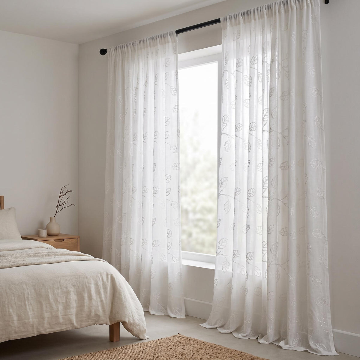 White Pure Linen Sheer Curtains with Tone on Tone Leaf Vine Embroidery, Custom Botanical Drapes, Single or Pair — image 4