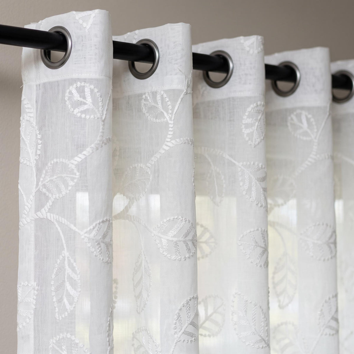 White Pure Linen Sheer Curtains with Tone on Tone Leaf Vine Embroidery, Custom Botanical Drapes, Single or Pair — image 6