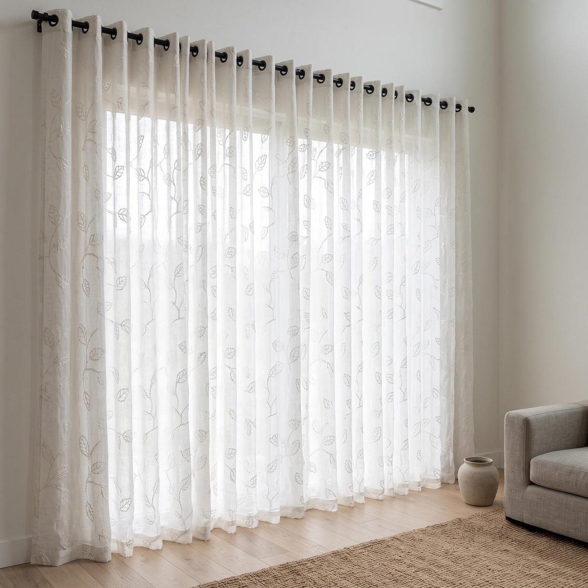 White Pure Linen Sheer Curtains with Tone on Tone Leaf Vine Embroidery, Custom Botanical Drapes, Single or Pair — image 8