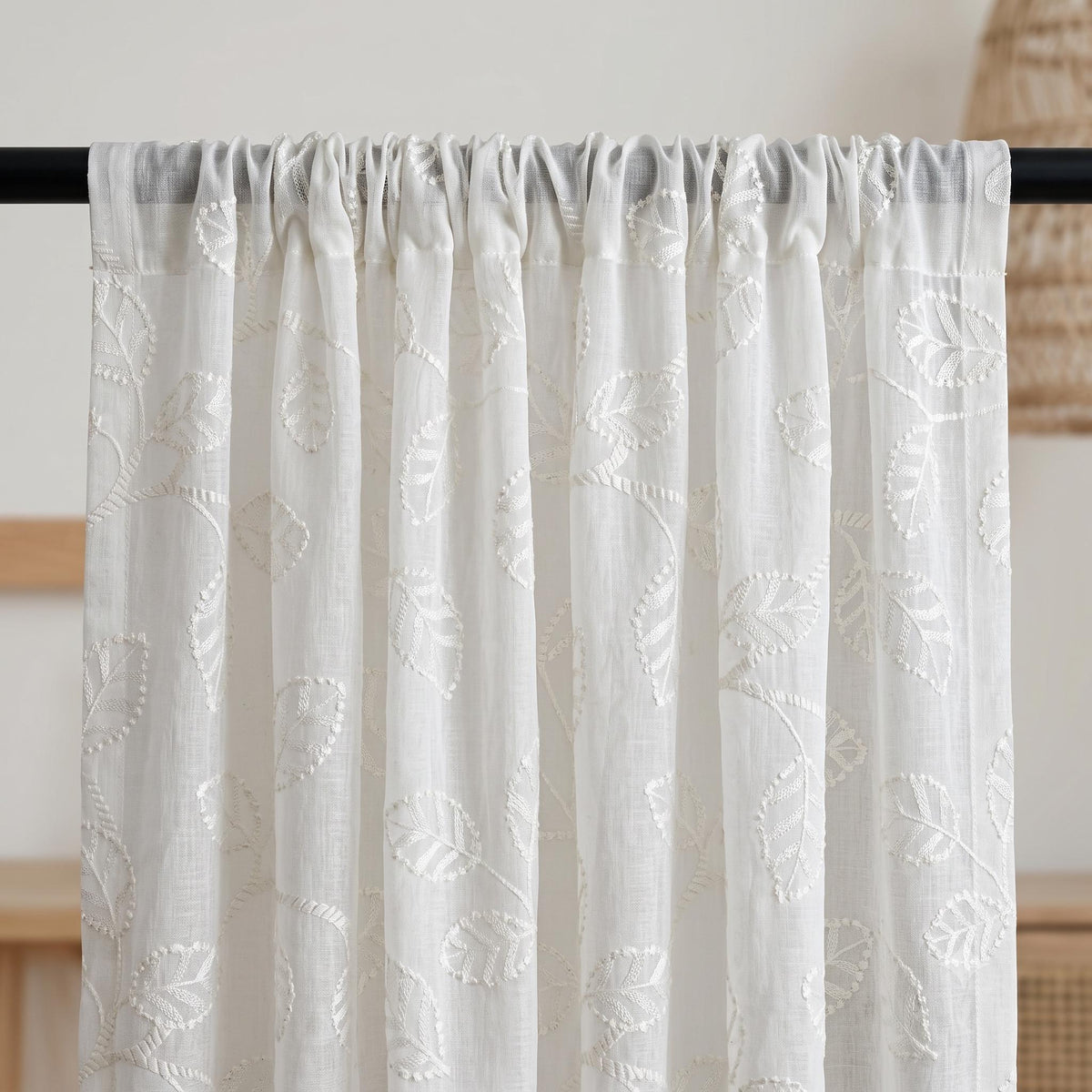 White Pure Linen Sheer Curtains with Tone on Tone Leaf Vine Embroidery, Custom Botanical Drapes, Single or Pair — image 7