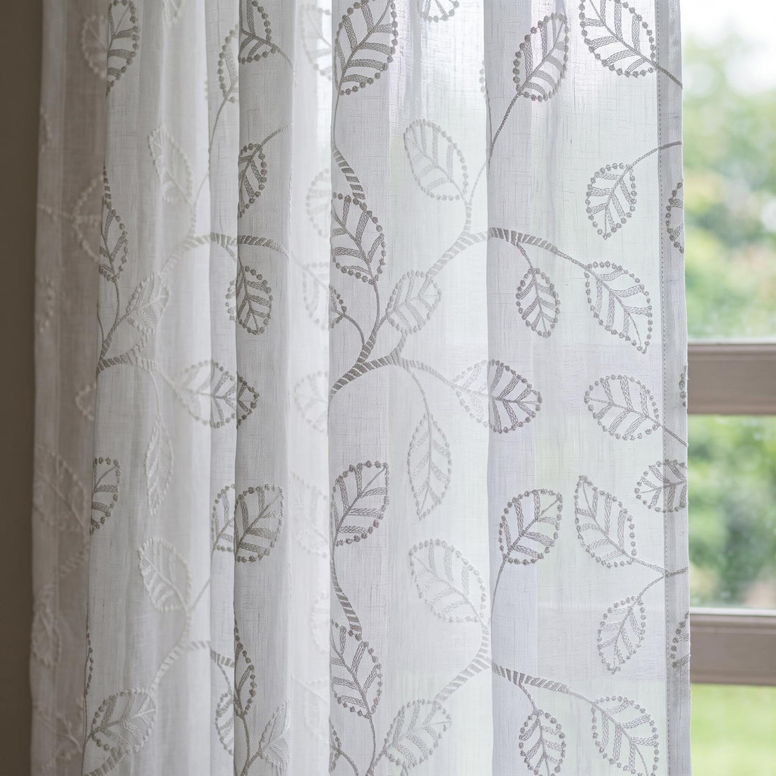 White Pure Linen Sheer Curtains with Tone on Tone Leaf Vine Embroidery, Custom Botanical Drapes, Single or Pair — image 1