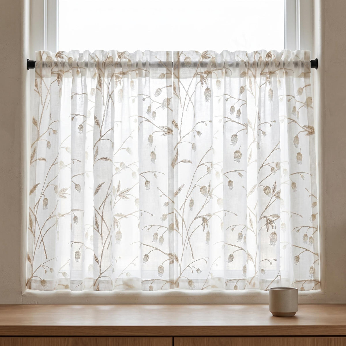 White Pure Linen Sheer Curtains with Beige Bellflower Vine Embroidery, Custom Botanical Drapes, Single or Pair — image 3