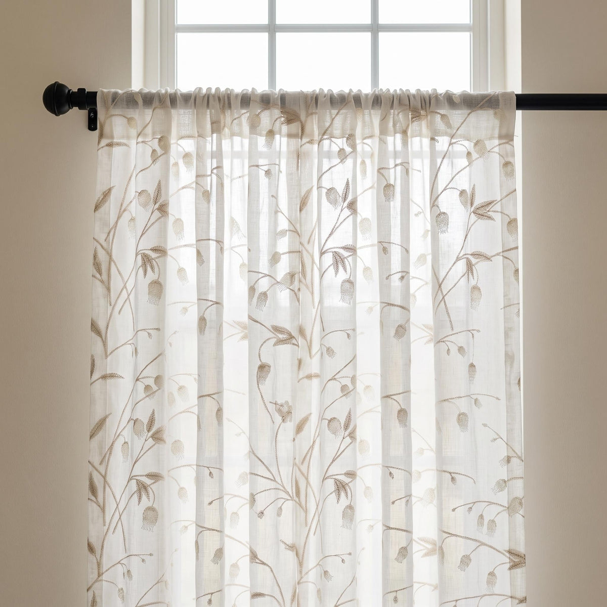 White Pure Linen Sheer Curtains with Beige Bellflower Vine Embroidery, Custom Botanical Drapes, Single or Pair — image 7
