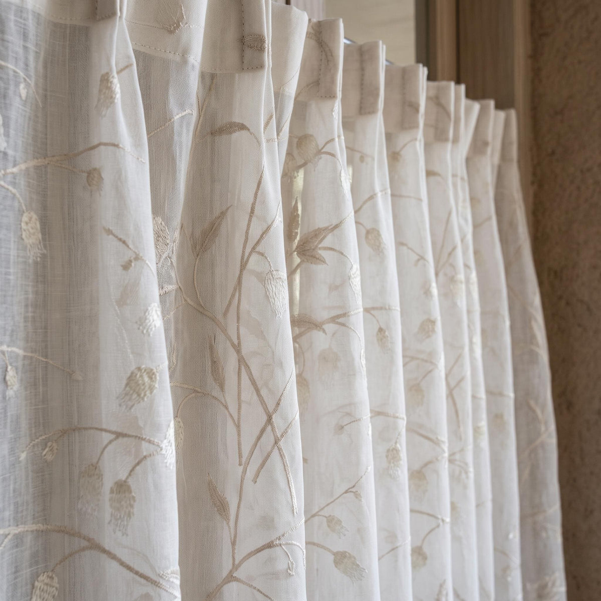 White Pure Linen Sheer Curtains with Beige Bellflower Vine Embroidery, Custom Botanical Drapes, Single or Pair — image 2