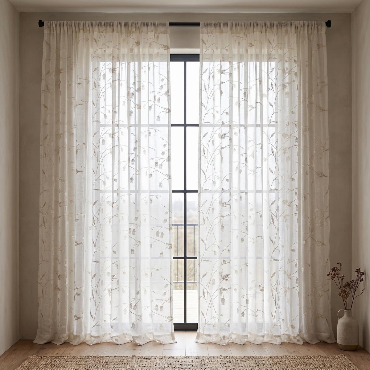White Pure Linen Sheer Curtains with Beige Bellflower Vine Embroidery, Custom Botanical Drapes, Single or Pair — image 4