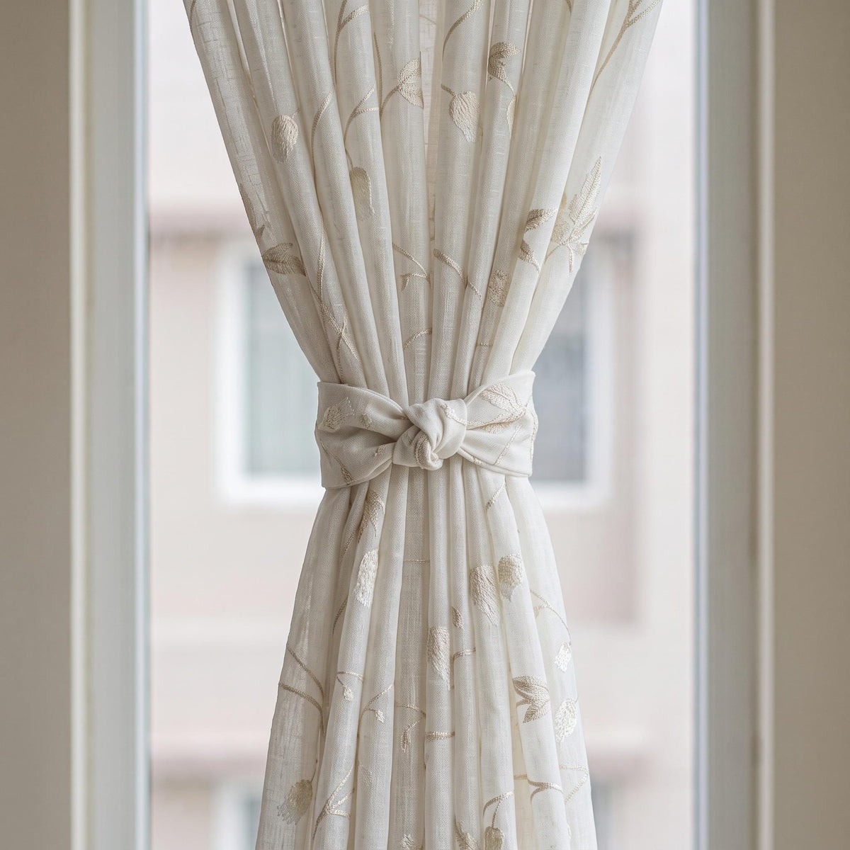White Pure Linen Sheer Curtains with Beige Bellflower Vine Embroidery, Custom Botanical Drapes, Single or Pair — image 5