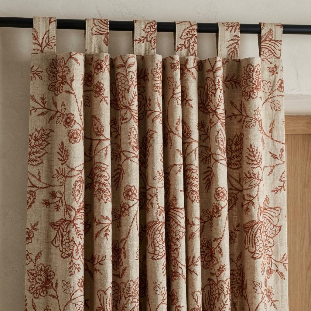 Rust Red Floral Linen Curtains, Natural Beige Jacobean Embroidered Drapes, Custom Blackout Living Room Panels — image 3