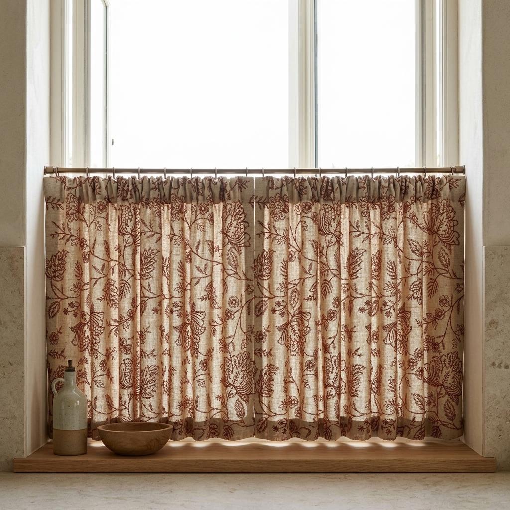 Rust Red Floral Linen Curtains, Natural Beige Jacobean Embroidered Drapes, Custom Blackout Living Room Panels — image 8