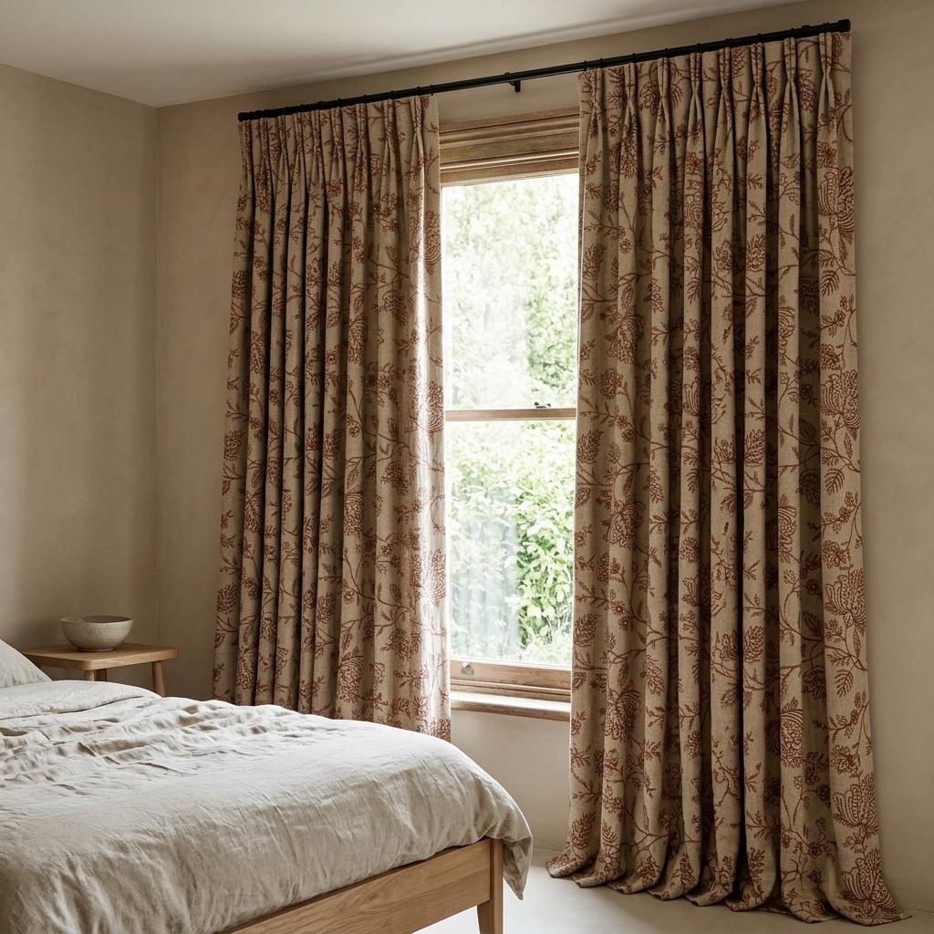 Rust Red Floral Linen Curtains, Natural Beige Jacobean Embroidered Drapes, Custom Blackout Living Room Panels — image 7