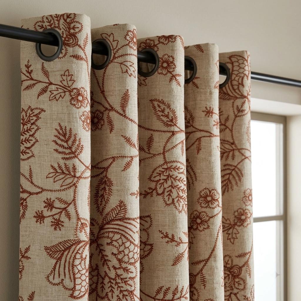 Rust Red Floral Linen Curtains, Natural Beige Jacobean Embroidered Drapes, Custom Blackout Living Room Panels — image 4