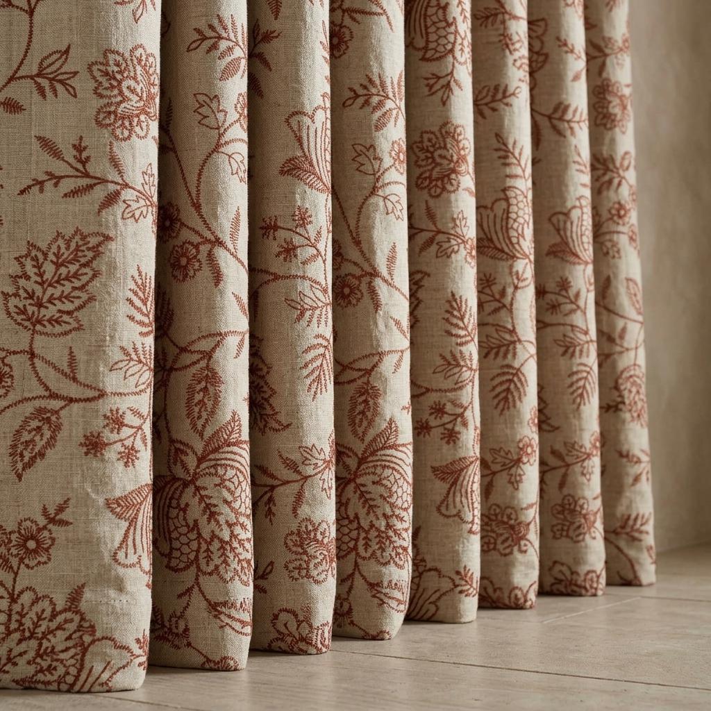 Rust Red Floral Linen Curtains, Natural Beige Jacobean Embroidered Drapes, Custom Blackout Living Room Panels — image 9