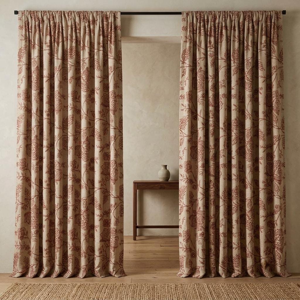 Rust Red Floral Linen Curtains, Natural Beige Jacobean Embroidered Drapes, Custom Blackout Living Room Panels — image 10