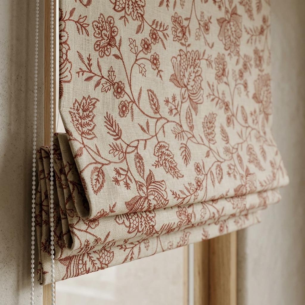 Custom Roman Shades, Beige Linen Roman Blind, Rust Floral Embroidered Window Treatment, Blackout or Cotton Lined — image 2