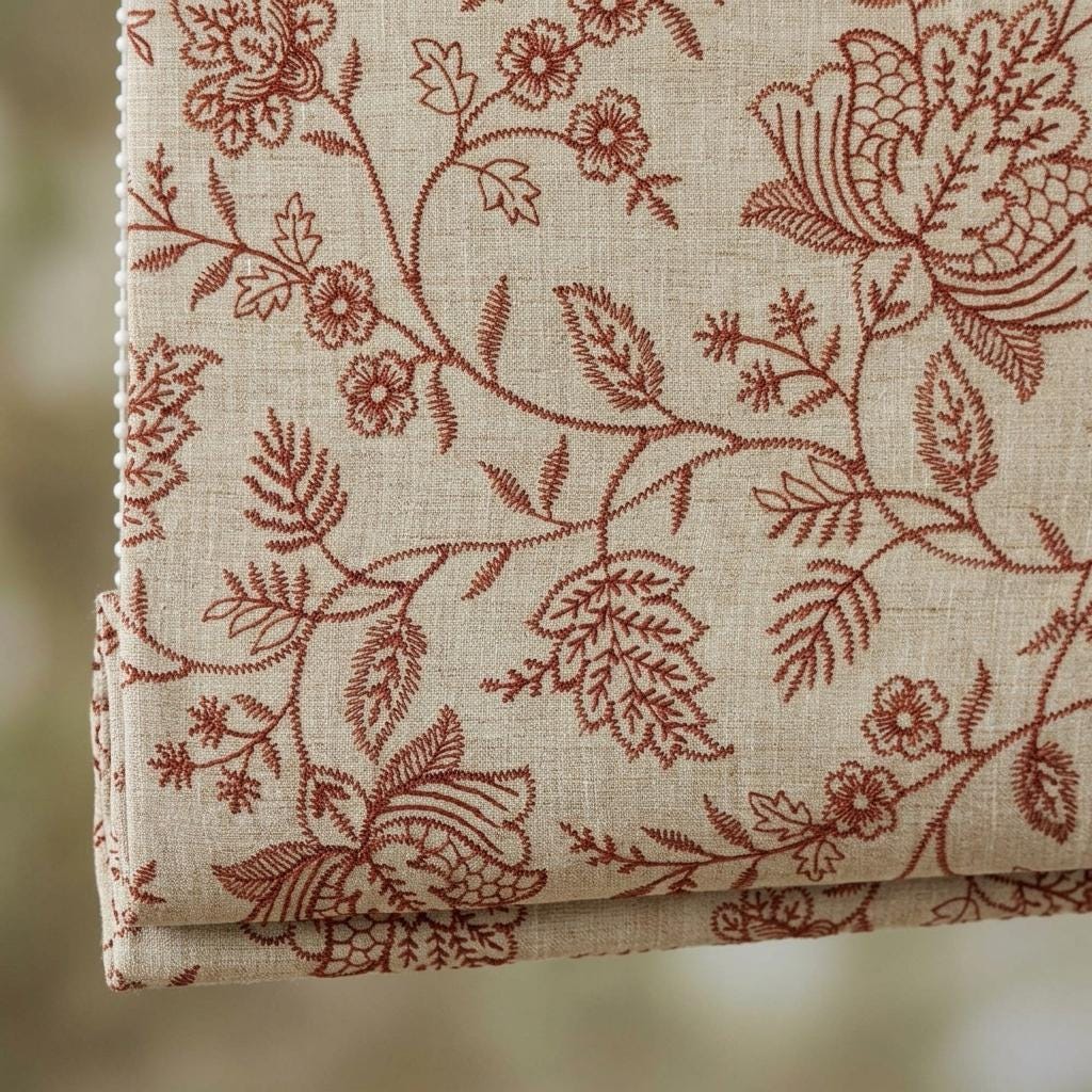Custom Roman Shades, Beige Linen Roman Blind, Rust Floral Embroidered Window Treatment, Blackout or Cotton Lined — image 10