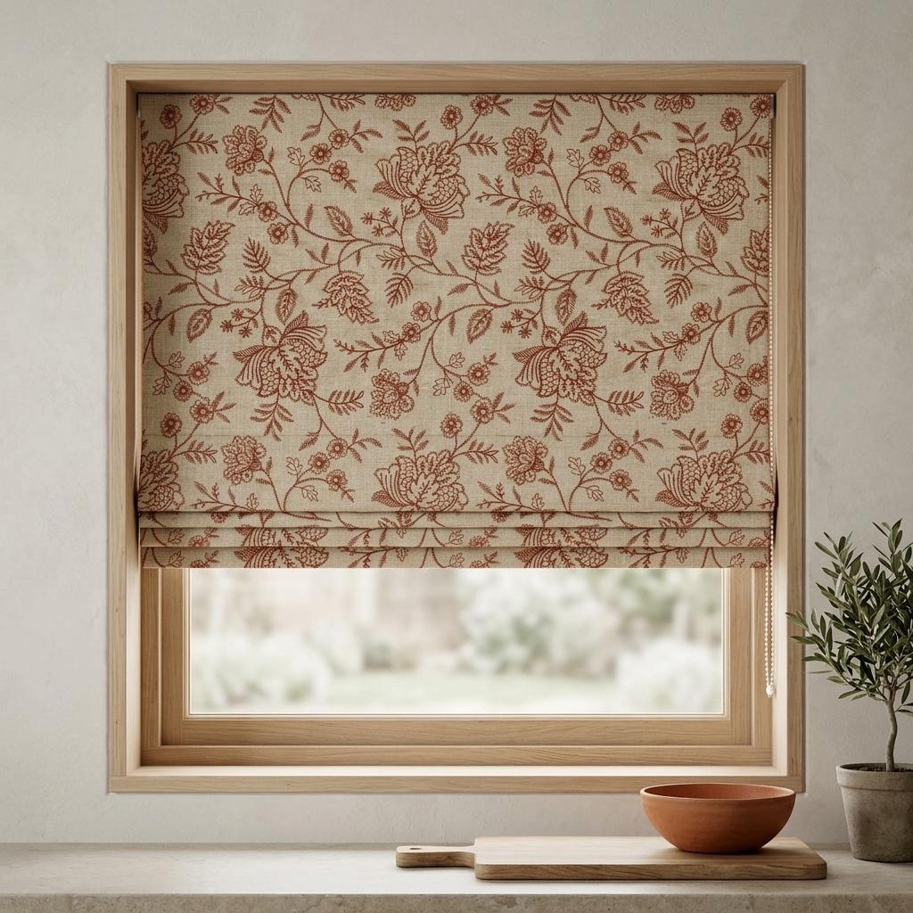 Custom Roman Shades, Beige Linen Roman Blind, Rust Floral Embroidered Window Treatment, Blackout or Cotton Lined — image 8