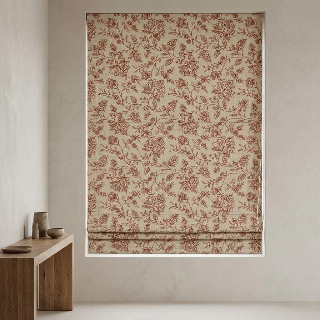 Custom Roman Shades, Beige Linen Roman Blind, Rust Floral Embroidered Window Treatment, Blackout or Cotton Lined — image 9