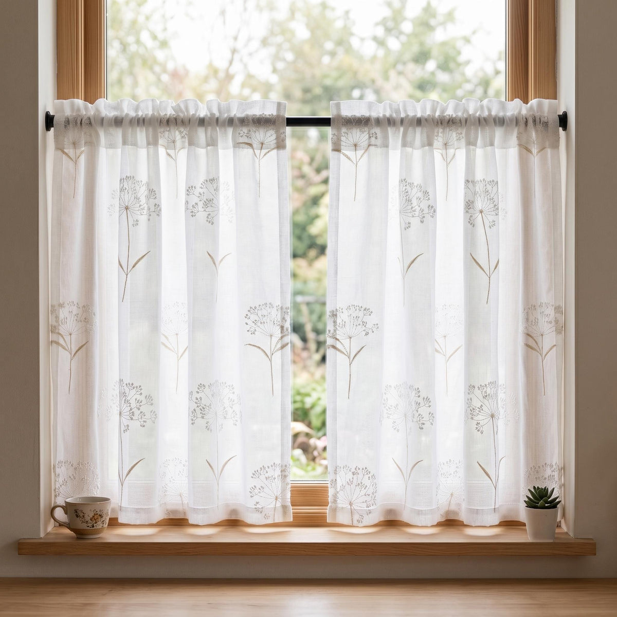 White Pure Linen Sheer Curtains with Queen Anne Lace Embroidery, Custom Floral Drapes, Single or Pair — image 5