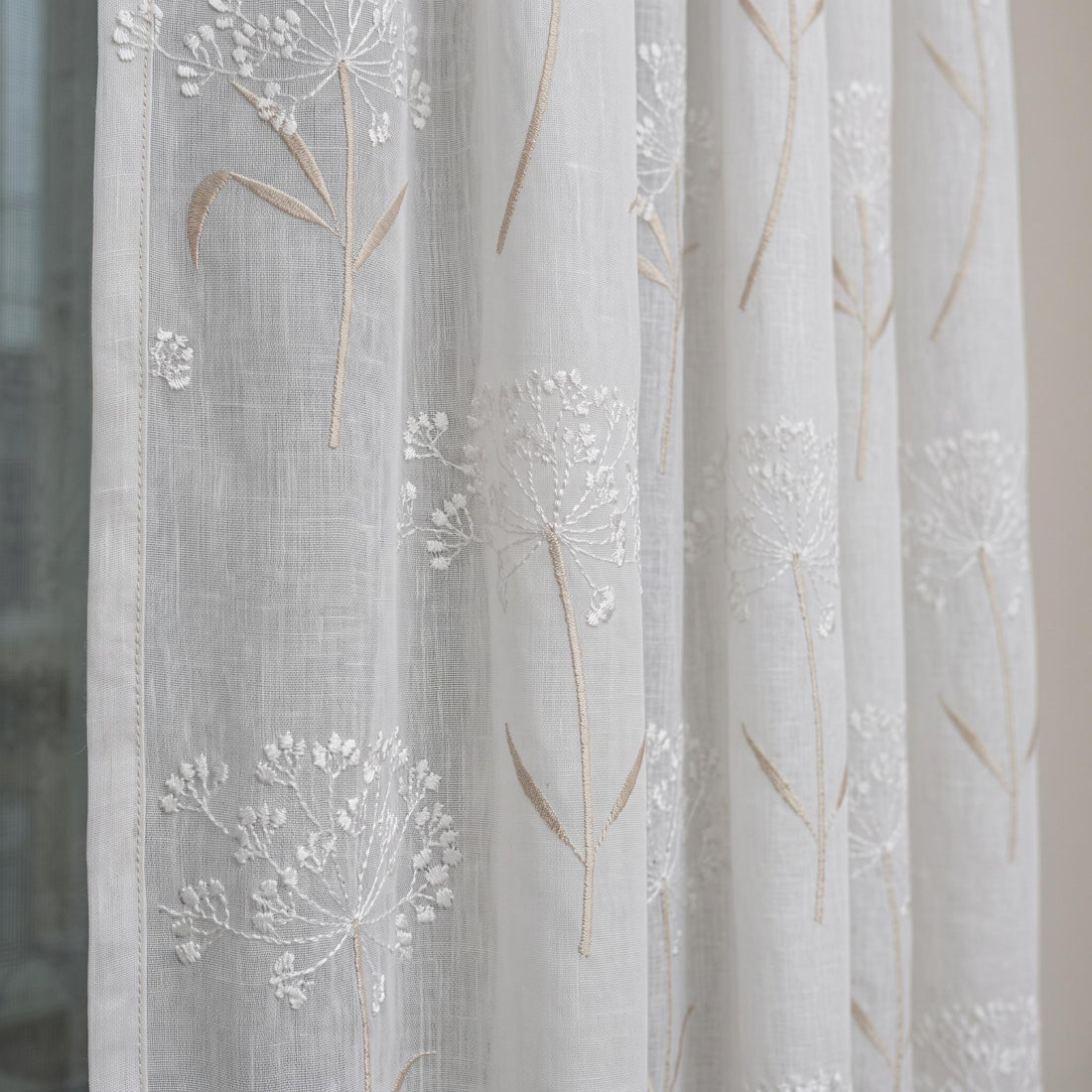 White Pure Linen Sheer Curtains with Queen Anne Lace Embroidery, Custom Floral Drapes, Single or Pair — image 1