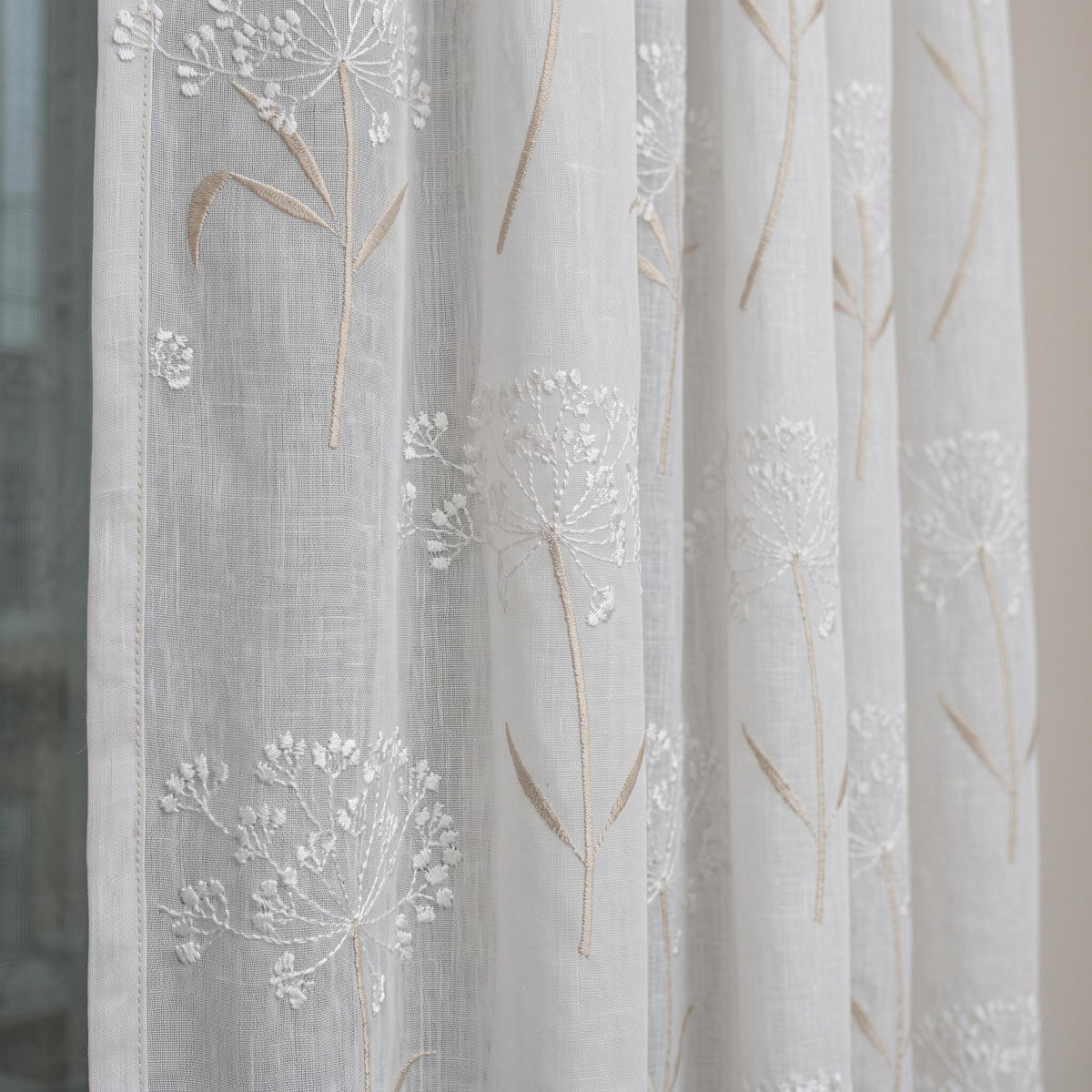 White Pure Linen Sheer Curtains with Queen Anne Lace Embroidery, Custom Floral Drapes, Single or Pair — image 1