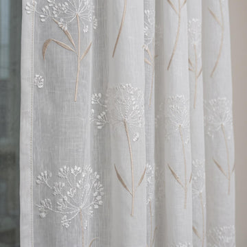 White Pure Linen Sheer Curtains with Queen Anne Lace Embroidery, Custom Floral Drapes, Single or Pair — image 1