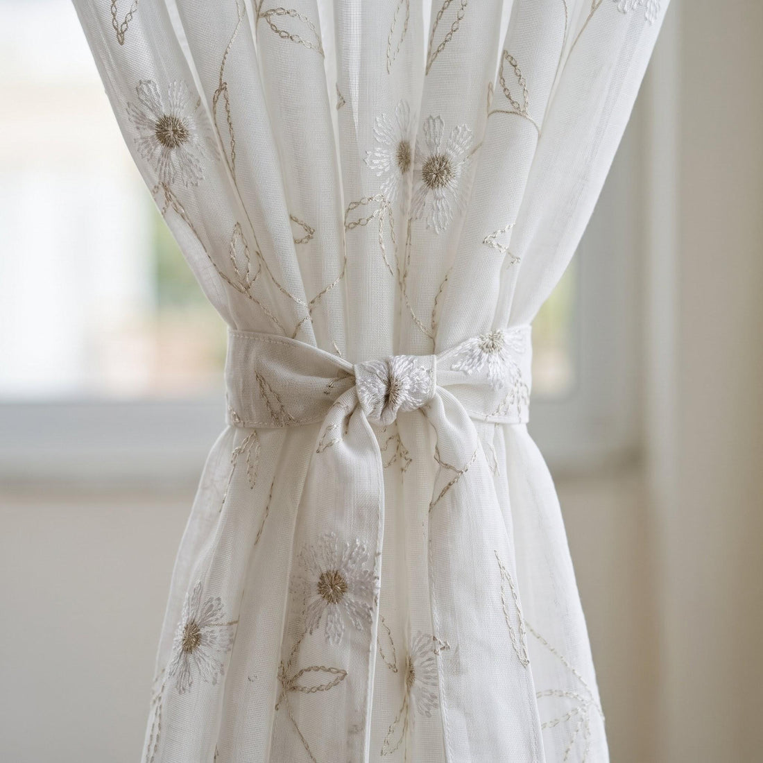 White Pure Linen Sheer Curtains with Beige Daisy Flower Vine Embroidery, Custom Floral Drapes, Single or Pair — image 1