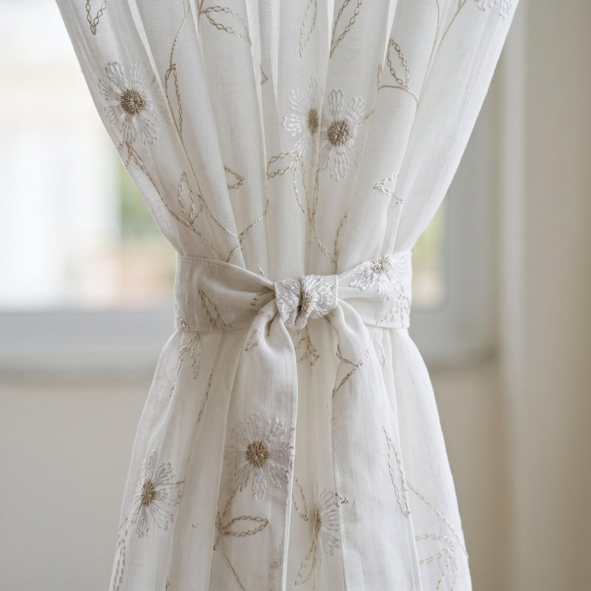 White Pure Linen Sheer Curtains with Beige Daisy Flower Vine Embroidery, Custom Floral Drapes, Single or Pair — image 2