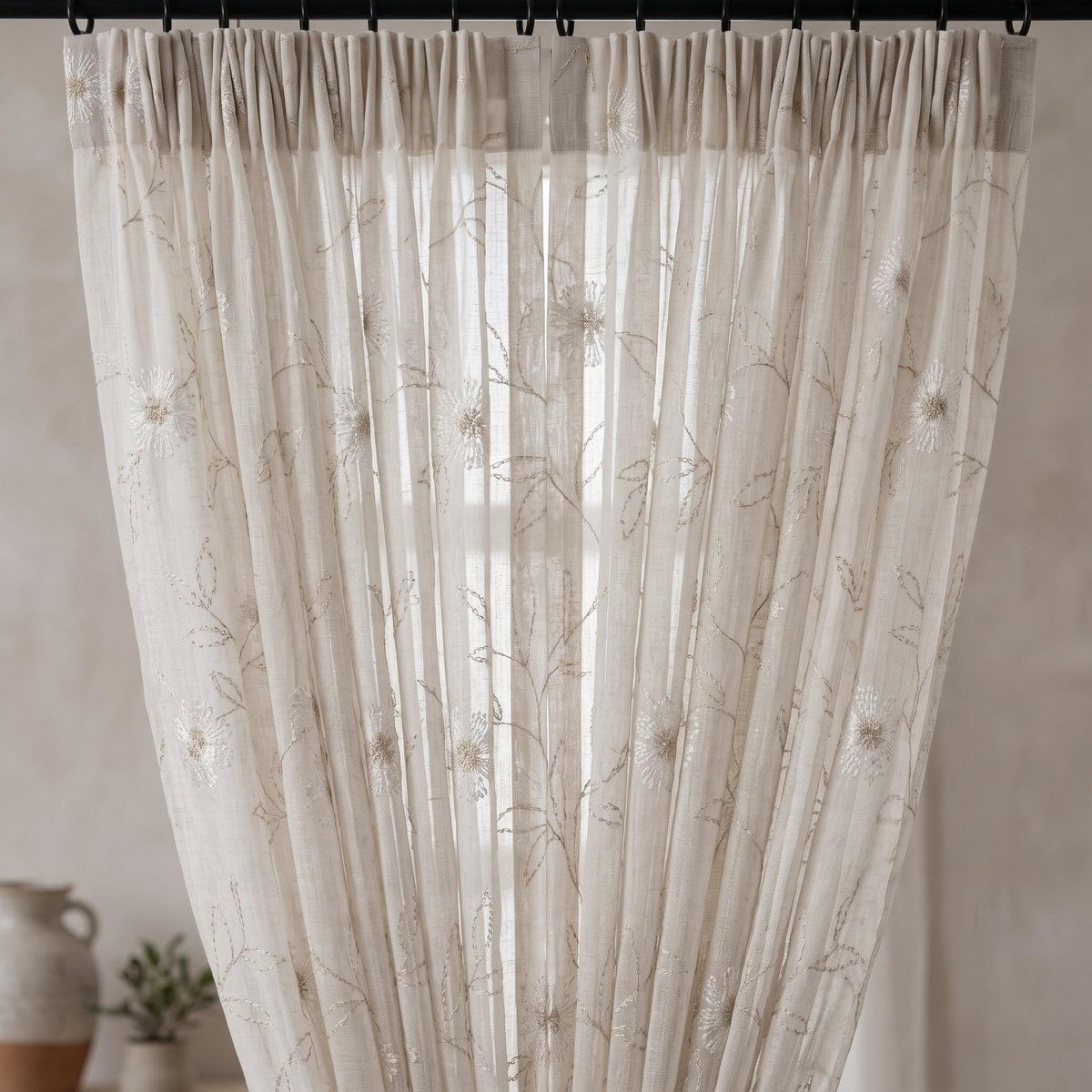 White Pure Linen Sheer Curtains with Beige Daisy Flower Vine Embroidery, Custom Floral Drapes, Single or Pair — image 9