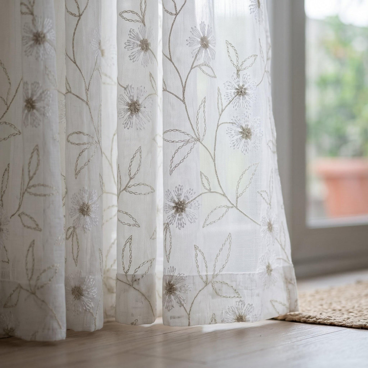 White Pure Linen Sheer Curtains with Beige Daisy Flower Vine Embroidery, Custom Floral Drapes, Single or Pair — image 4