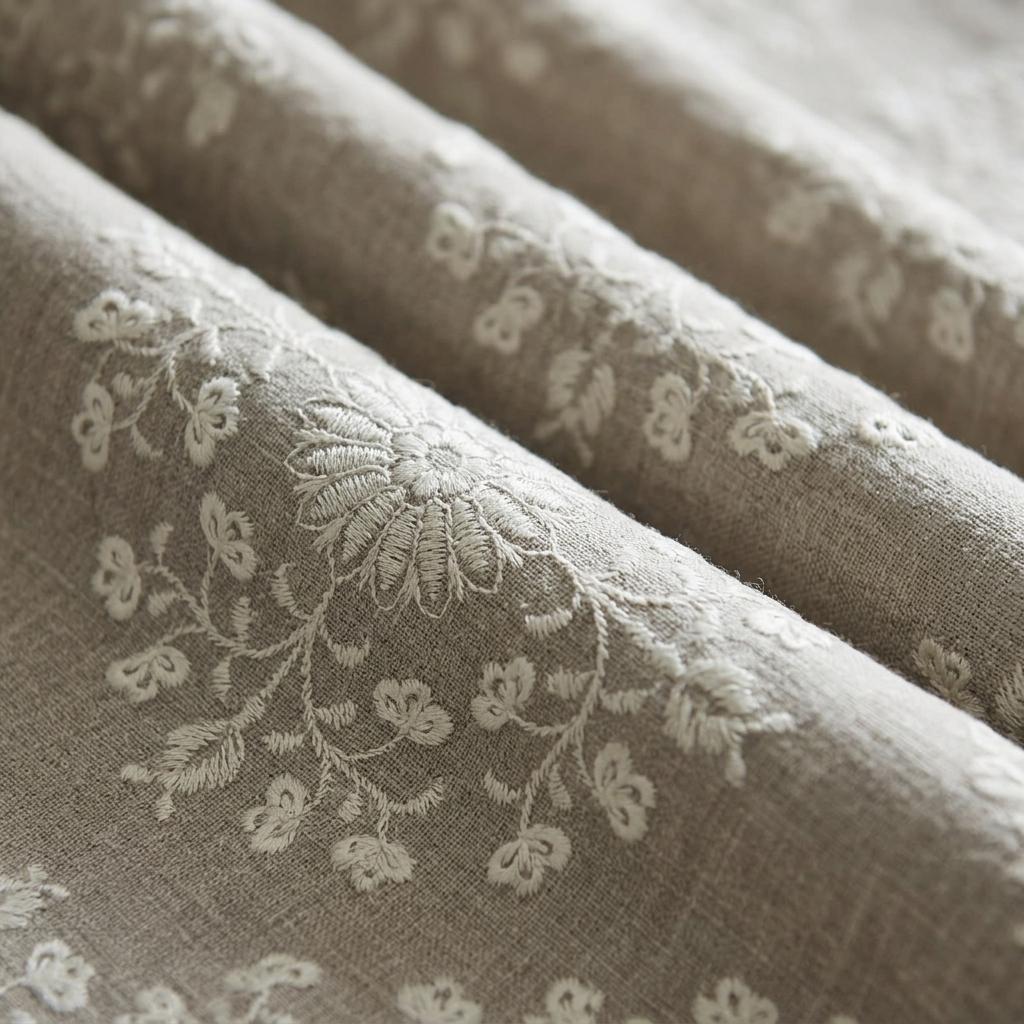 Taupe Linen Embroidered Curtains, Ivory Floral Medallion Drapes, Custom Blackout Farmhouse Curtain Panels — image 4