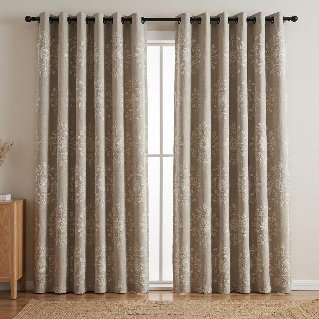 Taupe Linen Embroidered Curtains, Ivory Floral Medallion Drapes, Custom Blackout Farmhouse Curtain Panels — image 7