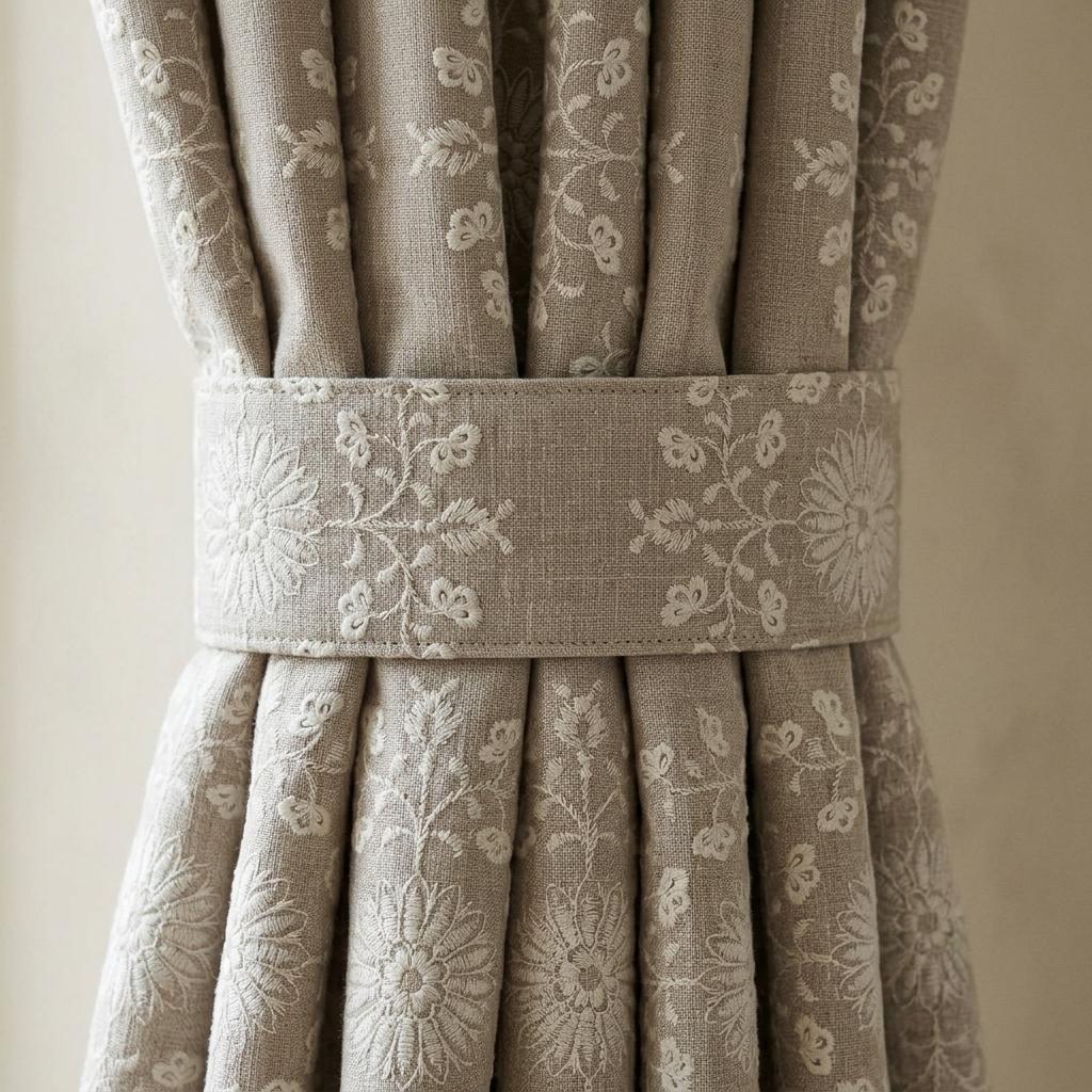 Taupe Linen Embroidered Curtains, Ivory Floral Medallion Drapes, Custom Blackout Farmhouse Curtain Panels — image 2